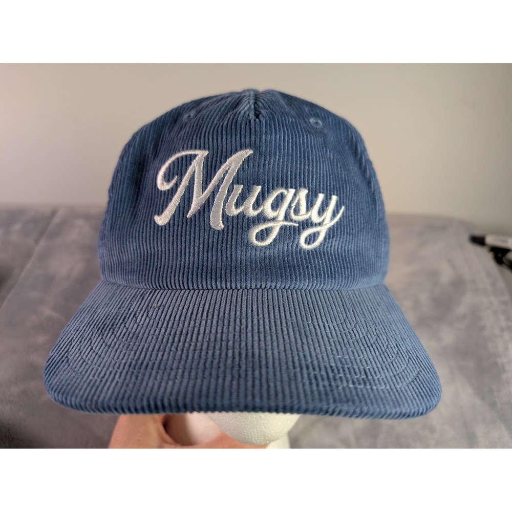 Mugsy Corduroy Snapback Hat Blue Script Logo Adjustable Baseball Cap Mens